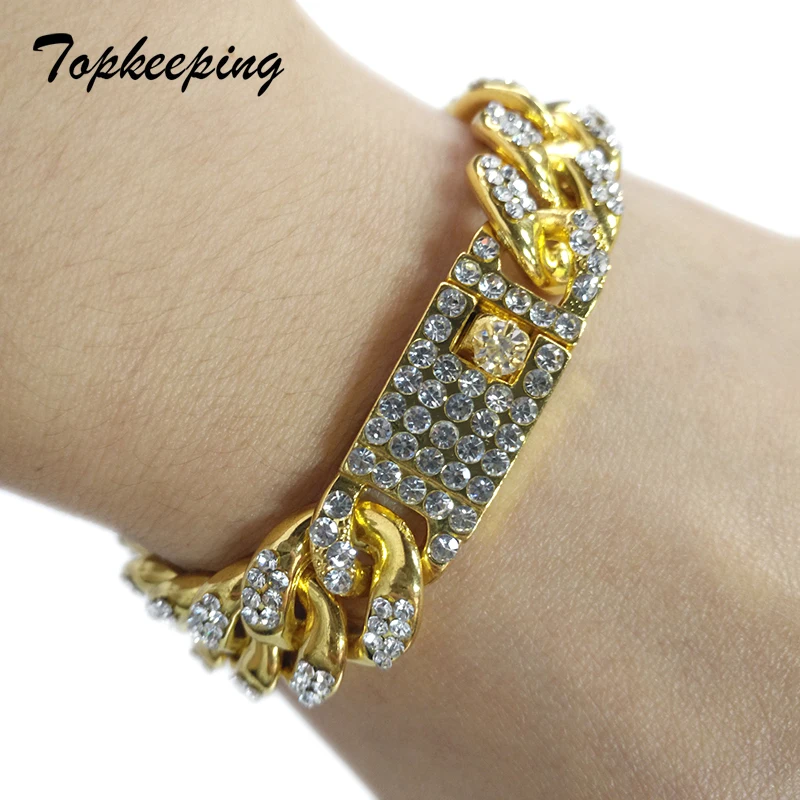 Mens Luxury Gold Color Iced Out Rhinestone Fashion Bracelets & Bangles