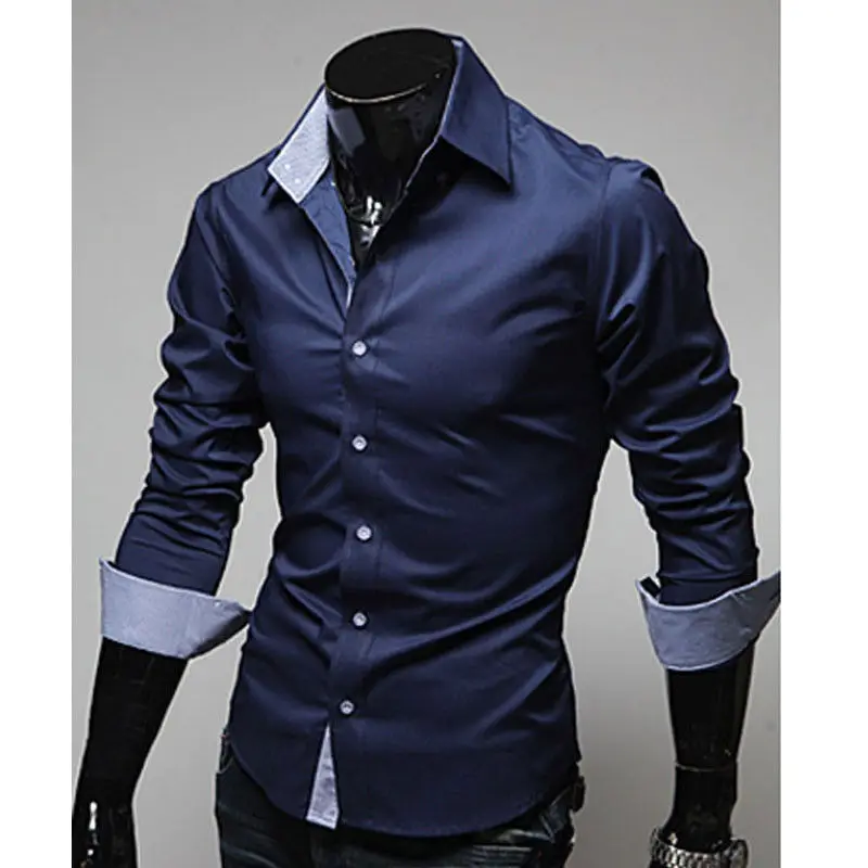 Новая модная мужская Роскошная Стильная Повседневная рубашка, приталенная Мужская рубашка с длинным рукавом, приталенная Повседневная рубашка - Цвет: Тёмно-синий