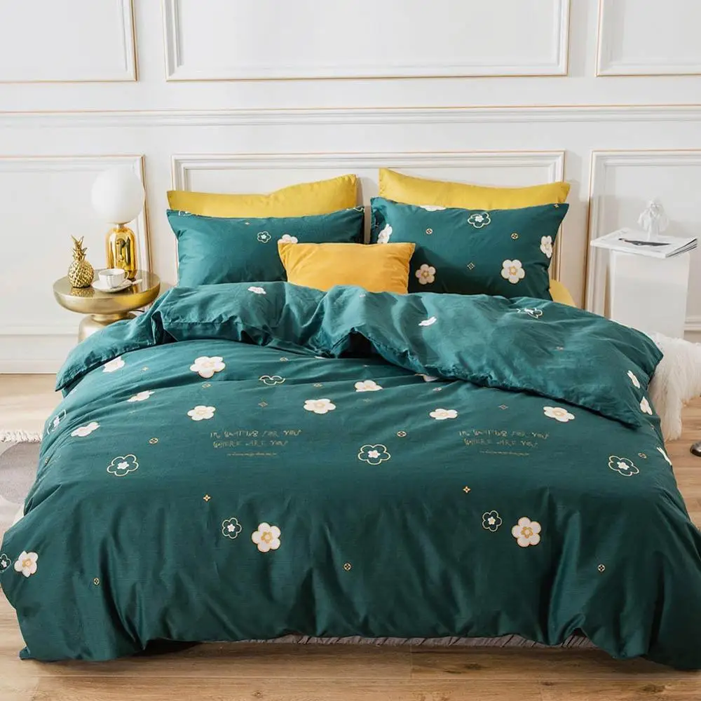 

2019 White Flowers Dark Green Bed Cover Duvet Cover Set Cotton Bedlinens Twin Queen King Flat Sheet Fitted Sheet Bedding Set