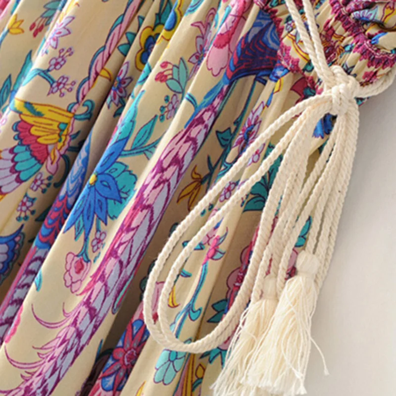 Boho Chic Summer Vintage Bird Floral Print Long Dress Women 2019 Fashion V Neck Lace Up Tassel Beach Dresses Vestidos Mujer
