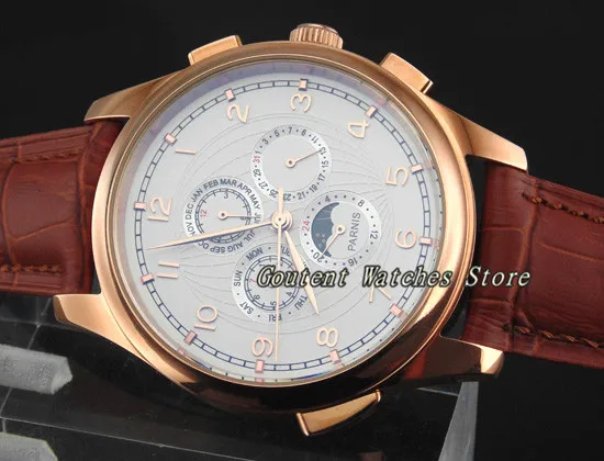 

44mm Parnis Moon Phase Rose Gold Case White Dial Automatic Men's Watch