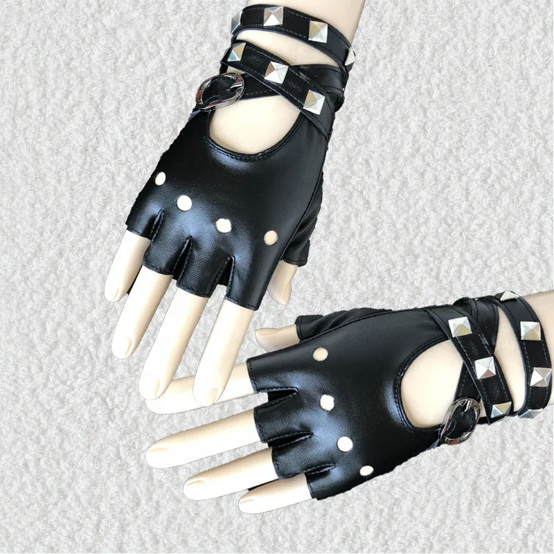 1 Pair Women Fingerless Gloves Black/White/Red PU Leather Gloves Rock