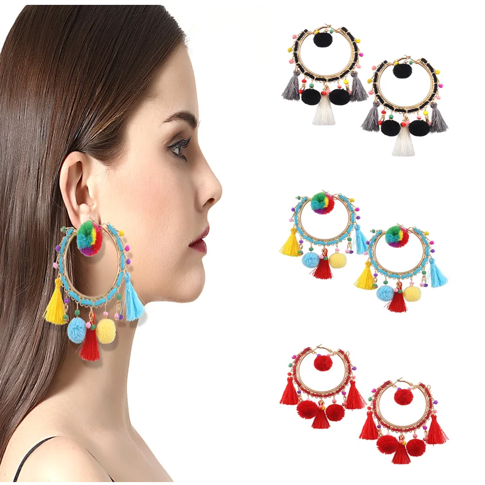 Legenstar Multicolor Pom Pom Beads Bohemia Tassel Earrings Statement Earring For Women Round