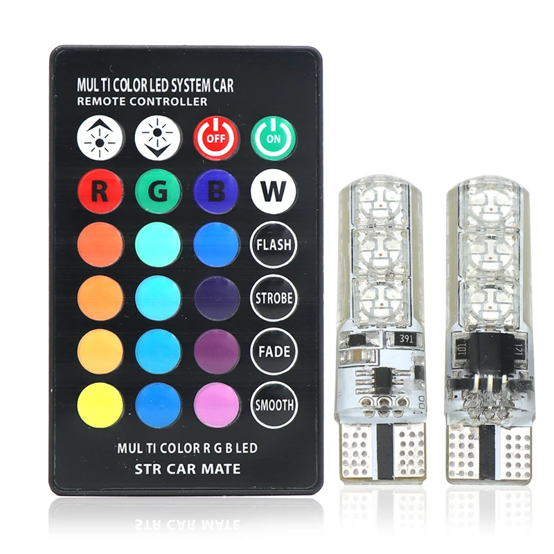 

2PCS LED 5050 SMD RGB T10 194 168 W5W Car Reading Wedge Light Lamp Multi Color RGB LED Bulb With Remote Controller Flash/Strobe