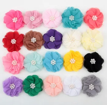 

2015 new arrival 5cm hand sewing pearl chiffon flowers for baby headwear children kids hair accessories 30ps/lot