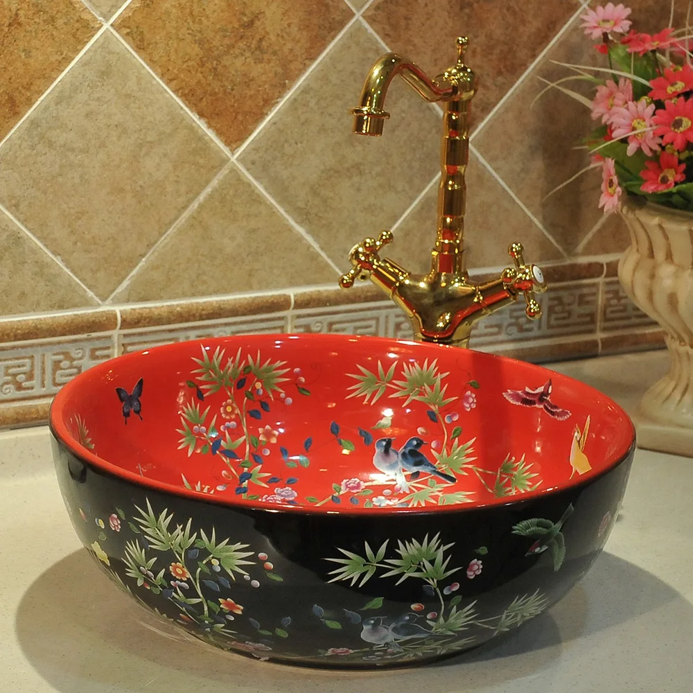 Counter Top porcelain wash basin bathroom sinks ceramic bowl wash basin flower and bird (1)