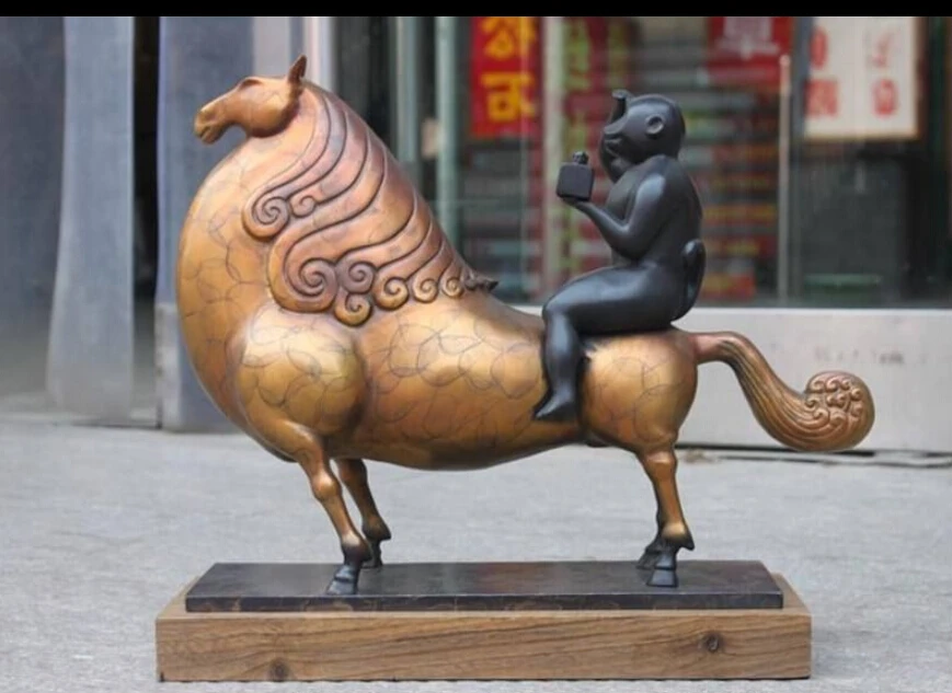 

free China Pure Bronze Monkey on Horse Bring Good luck Base wood Art Sculpture fast