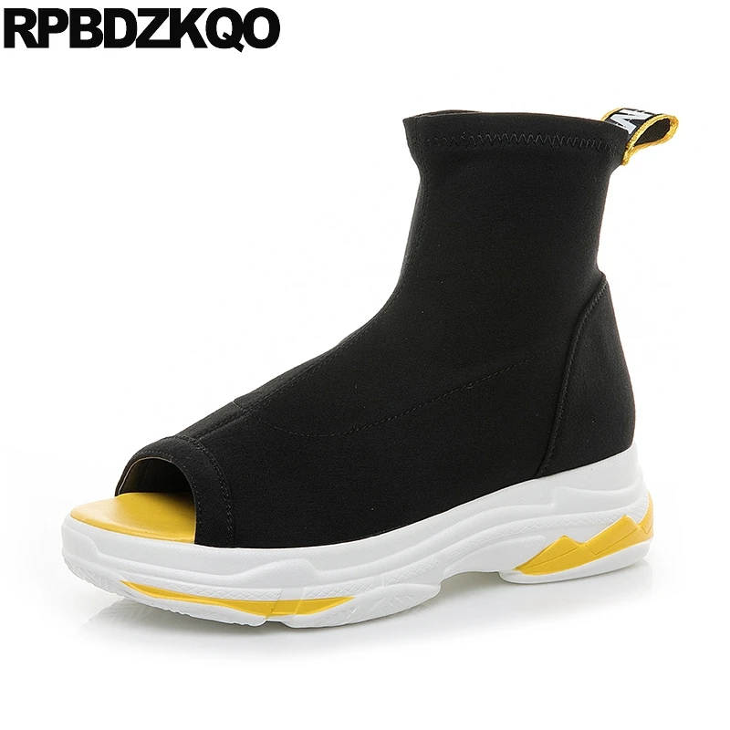

sneakers summer wedge peep toe stretch sandals lycra shoes ankle flatform harajuku women boots medium heel muffin slip on black