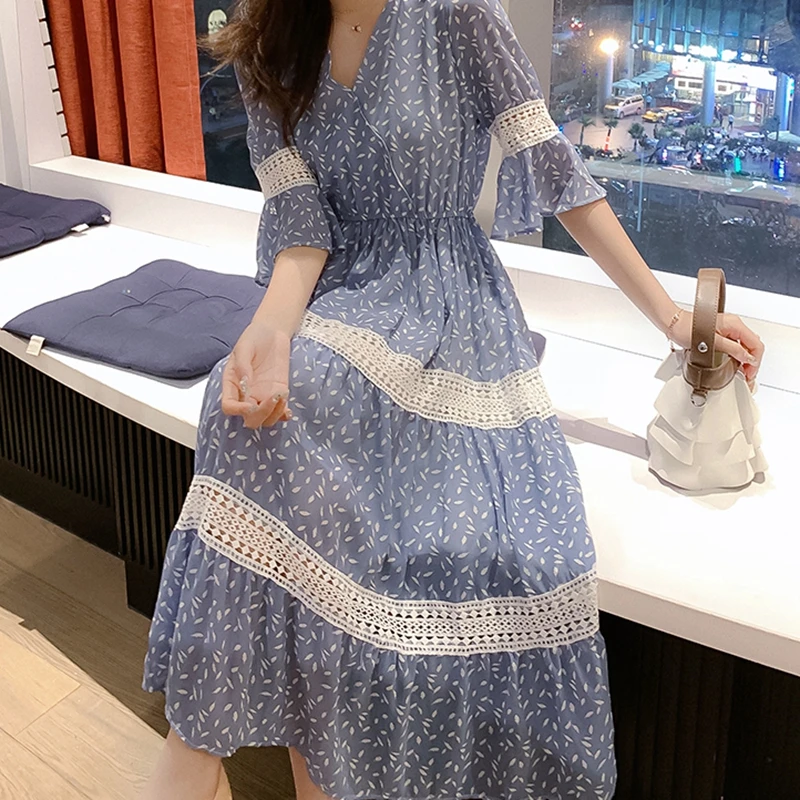 

2019 New Summer Dress Women Lace Chiffon Dresses Elegant Ladies V-neck Half Flare Sleeve Party Maxi Dress Vestidos Female