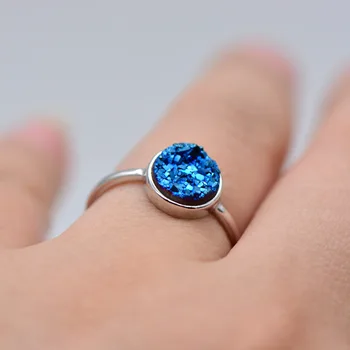 

Natural blue crystal cluster ring S925 Sterling Silver Opening ring for women simple round geometric jewelry wholesale
