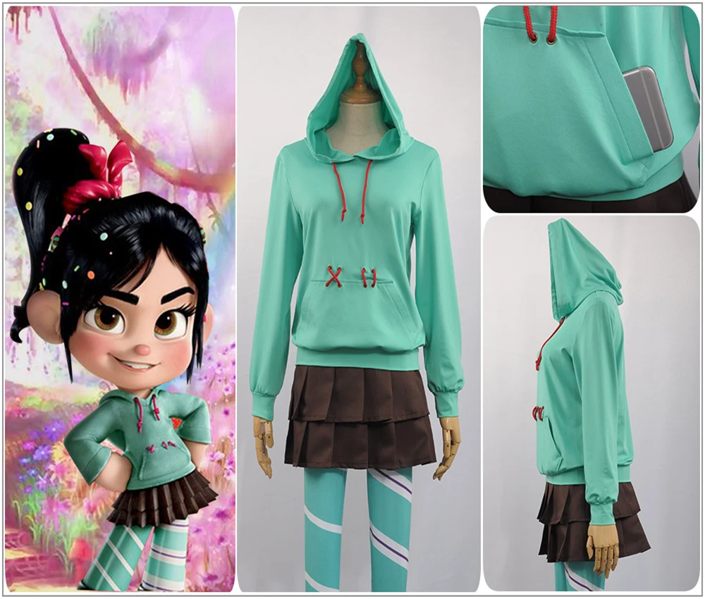Ralph Breaks The Internet Wreck It Ralph 2 Vanellope Von Schweetz Cosplay Costume Green Hoodies Green Pantynose Skirt In Stock Aliexpress