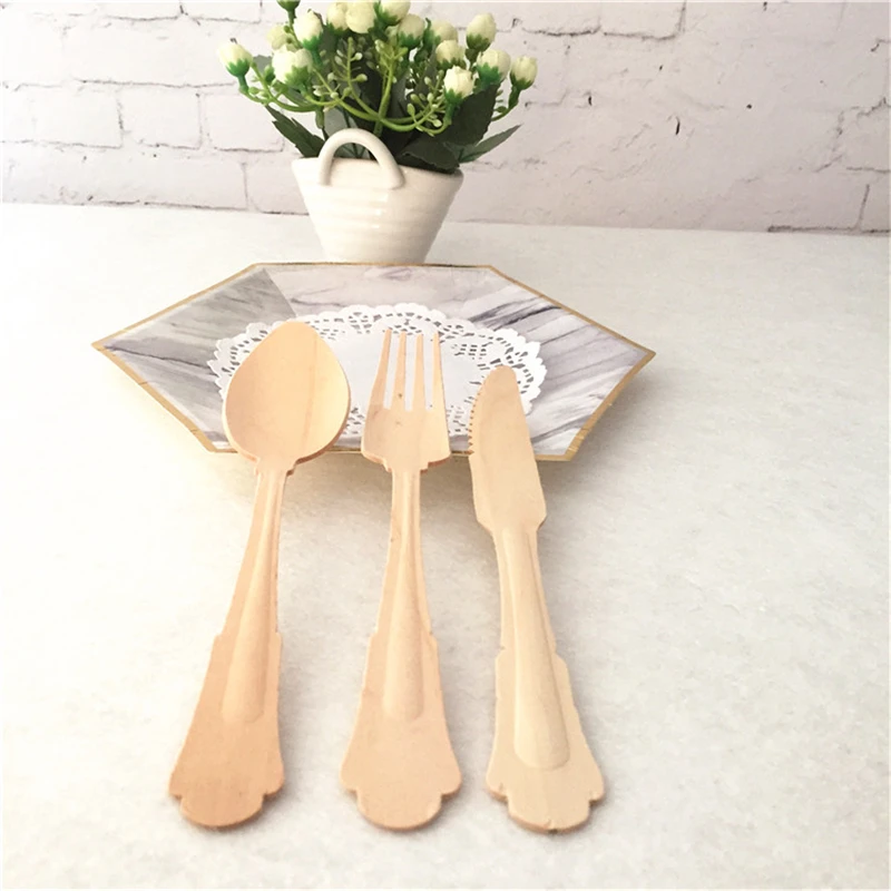 

Free Ship 120pcs Disposable Wooden Spoon Knife Fork 20cm Eco-friendly Party Handcrafted Cutlery for Baby Shower New Year Party