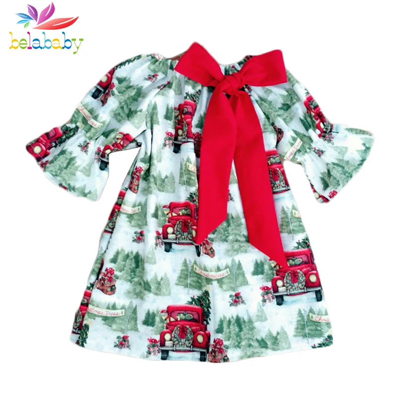 Belababy Baby Girl Clothes Christmas Dress Bow 2018 New Toddler Flare Sleeve Print Dresses For Girls Autumn Kids Clothing