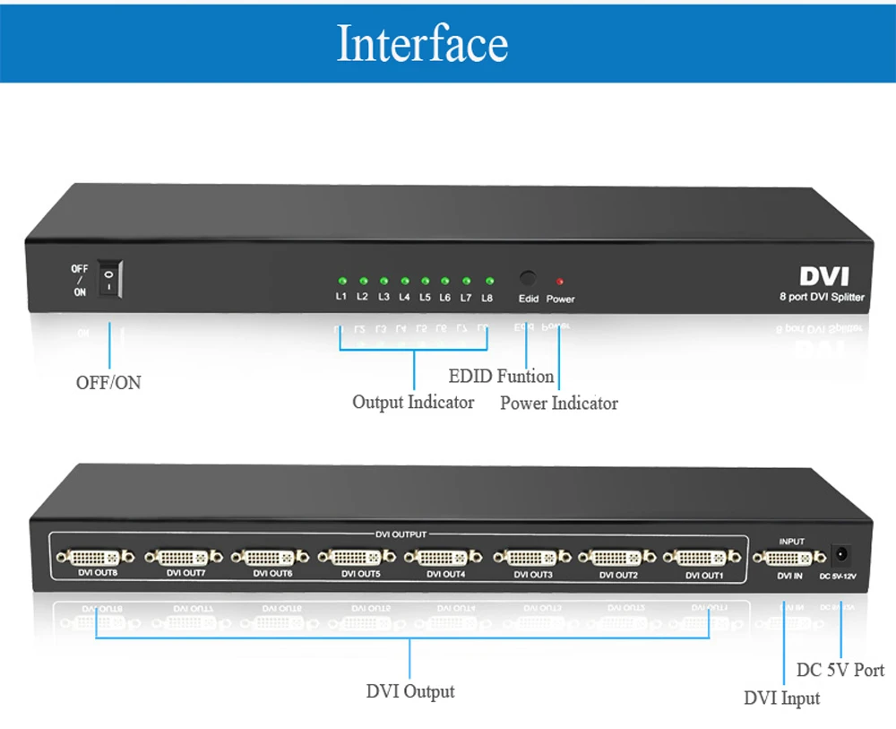 Разветвитель DVI Aikexin разветвитель 1 в 8 Выход Поддержка 1920x1200 до 1080P с адаптером