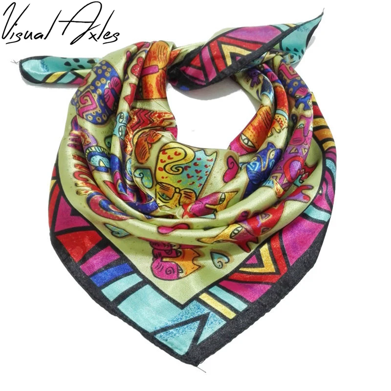 Rainbow Small Square Pure Korean Silk Scarves Female Fashion Cats