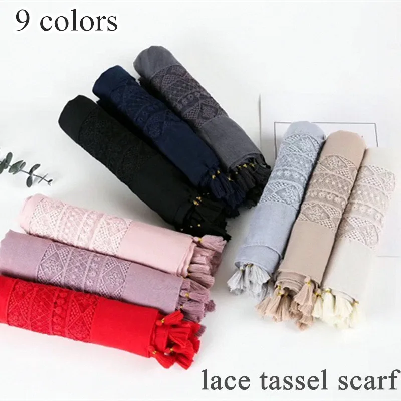 

women lace hijab tassel design plain maxi shawl fashion scarf 9 colors