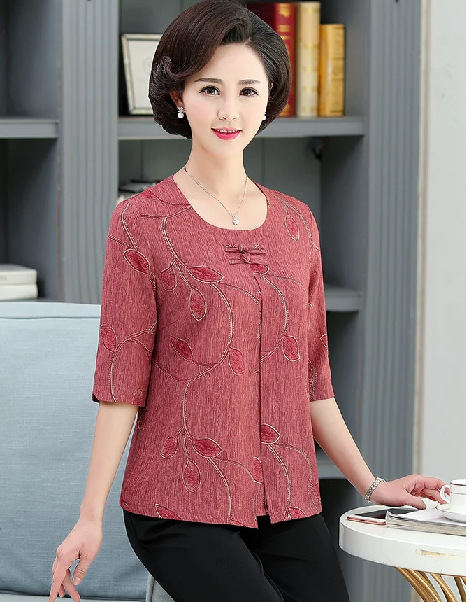 

Middle-Aged Women Shirt Short-Sleeved O-Neck Casual Plus Size Fake Two Pieces Loose 50-60 Years Old Mother Blouse T472