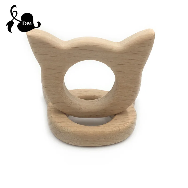 Cat Wooden Teether Nature Baby Rattle Teething Grasping Toy DIY Organic Eco friendly Wood