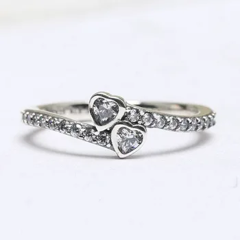 

Christmas Gift Charm 100% 925 Sterling Silver Rings Two Heart Crystal Especial Ring Compatible with Women Jewelry