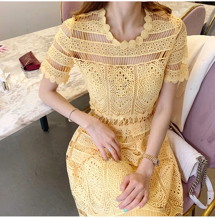 JSXDHK Summer Runway Swing Dress Women Short Sleeve Yellow Lace Holiday Long Dress Fashion Floral Hollow Out Party Midi Dress