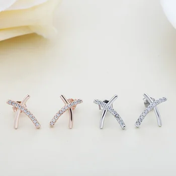 

Sterling Silver Jewelry Stud Cross Style Two Color Gold Plated Female Wedding Jewelry Earrings Stud Girlfriend Gift with Box