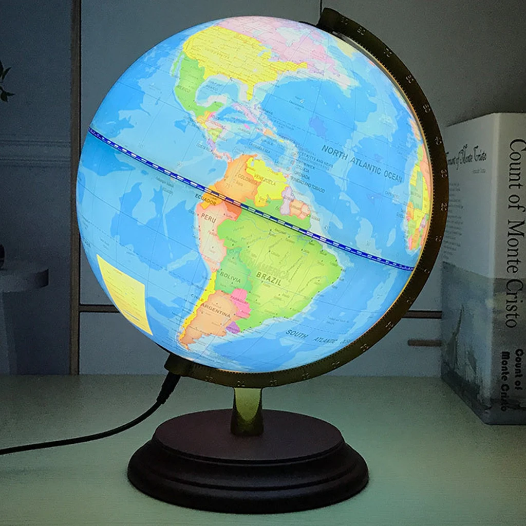 23cm Light Up Wooden Base Metal Stand Geographical World Globe Map for Kids Children Educational Toy Desk Table Ornament
