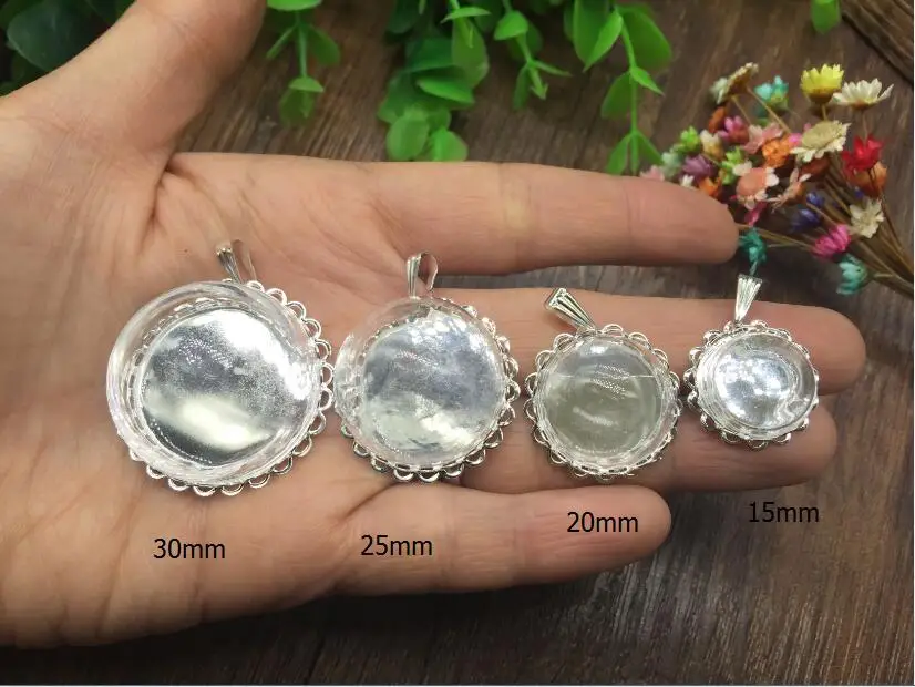 

50sets/lot 15/20/25/30mm silver plated double lace base tray transparent half round glass globe vials pendant cover jewelry