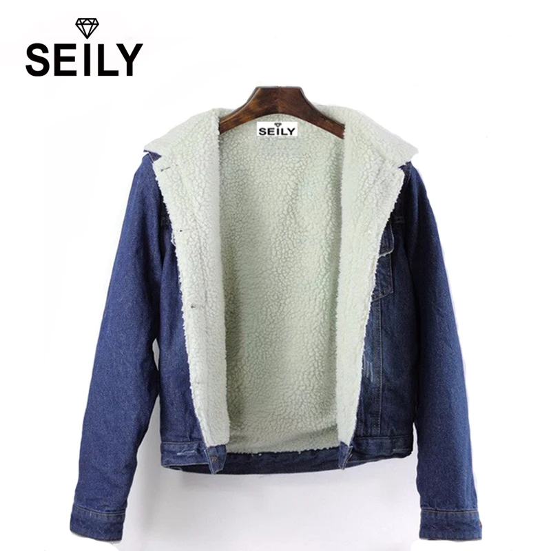 Korean Winter Turn-down Collar Denim Coat Jaqueta Blazer Faux Lamb Wool Fur Long Sleeve Jeans Jacket For Women Com Renda Parka