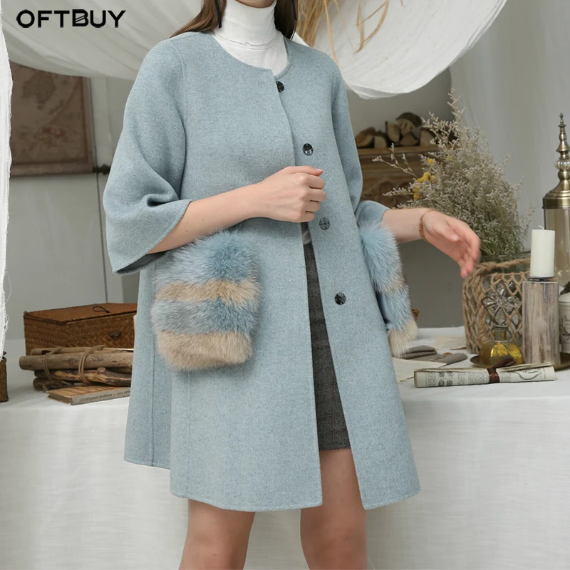 

OFTBUY Wool Blends 2019 Winter Jacket Women Real Fur Coat Ladies Double-sided Wool Cashmere Real Fox Fur Pocket Wool Overcoat