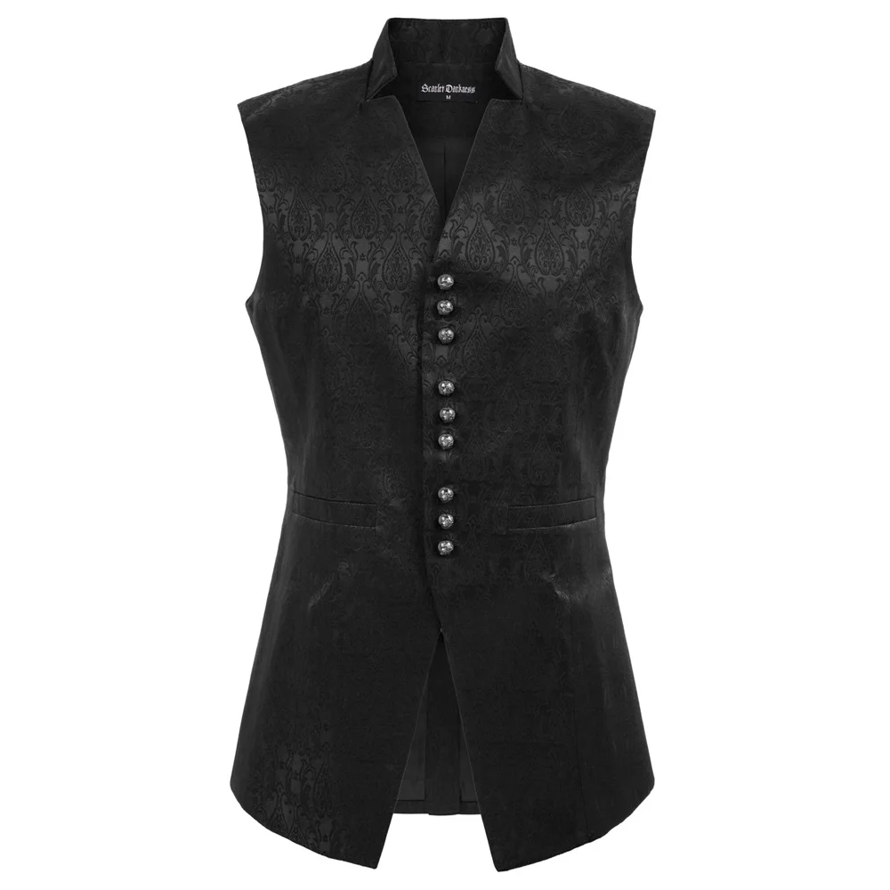 

Men's Fashion V-Neck Back Split Jacquard Vest Gothic Sleeveless Stand Collar Coat