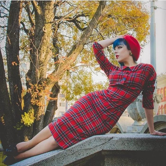 

40- summer women vintage 50s tartan peter pan collar 1/2 sleeve wiggle pencil dress in red pinup vestidos plus size jurken