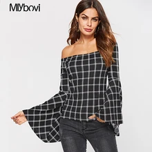 Белого/черного цветов в стиле «пэчворк клетчатая футболка Повседневное элегантный тонкий с открытыми плечами футболка Для женщин осень Офисные женские туфли элегантные топы с длинными рукавами