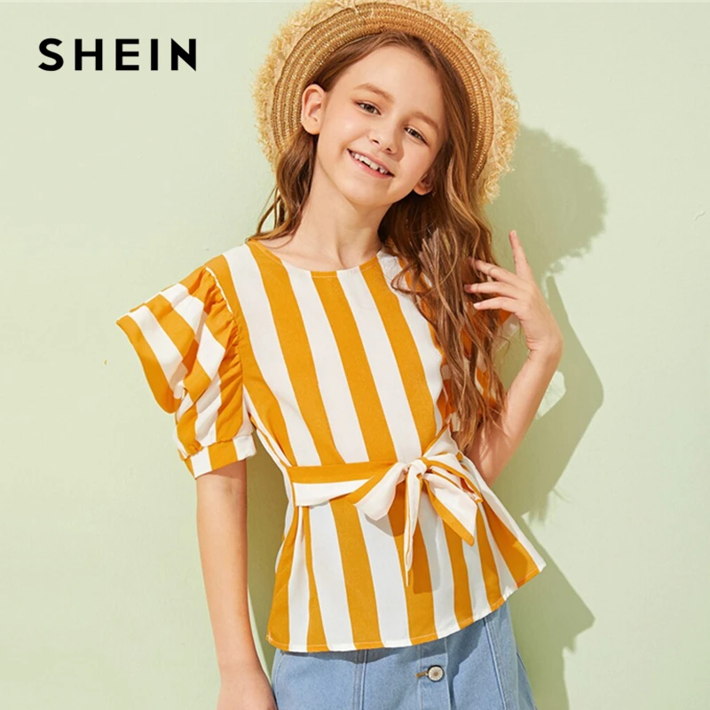 

SHEIN Kiddie Girls Ginger Striped Tie Front Boho Blouse Kids Clothes 2019 Summer Holiday Puff Sleeve Button Back Cute Shirt Tops