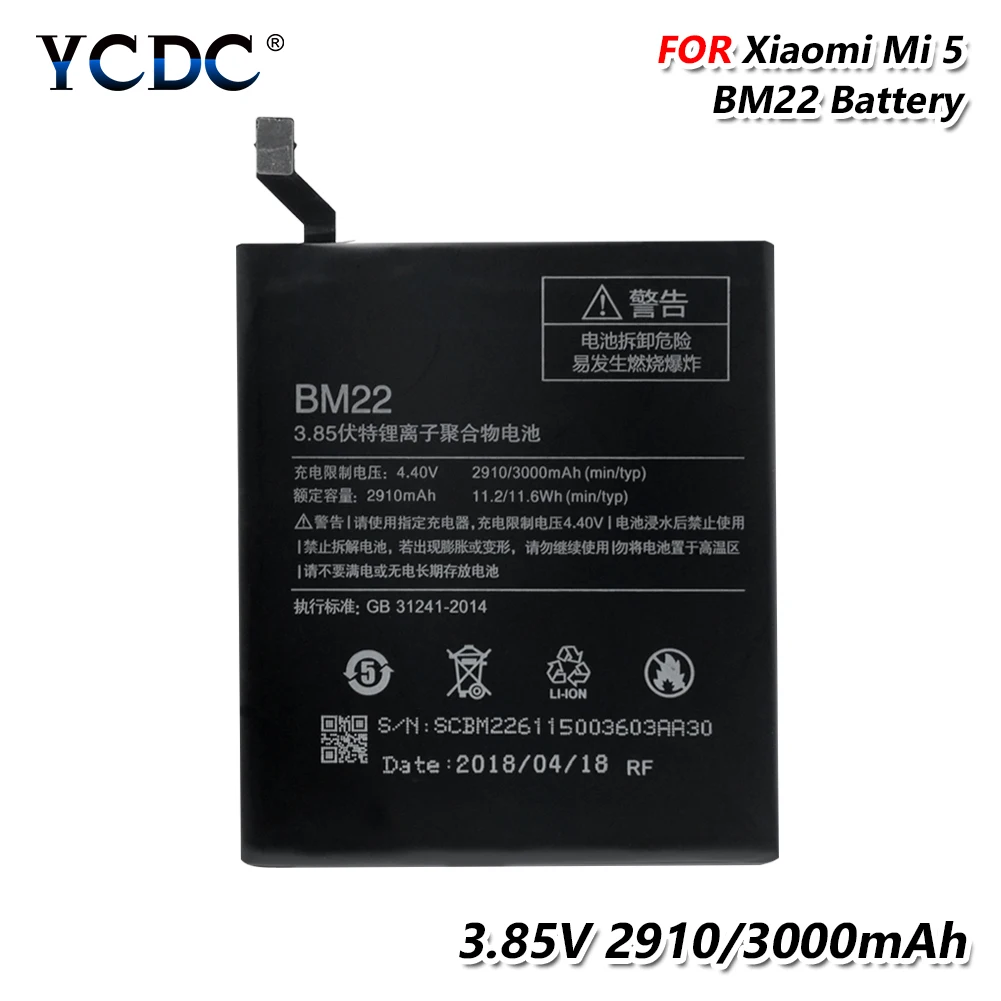 

YCDC 1PC Rechargeable 3.85V 2910/3000mAh BM22 BM 22 Lithium Li-ion Rechargeable Battery For Xiaomi Mi 5 (Mi5)