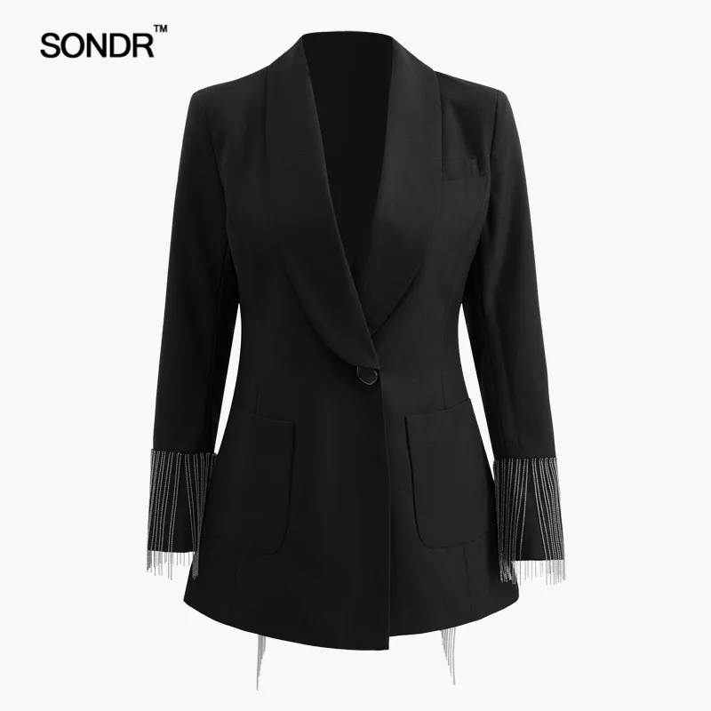 SONDR Heavy Chains Tassel Coats Female Long Sleeve Single Button Backless Irregular Overcoat Women 2019 Spring