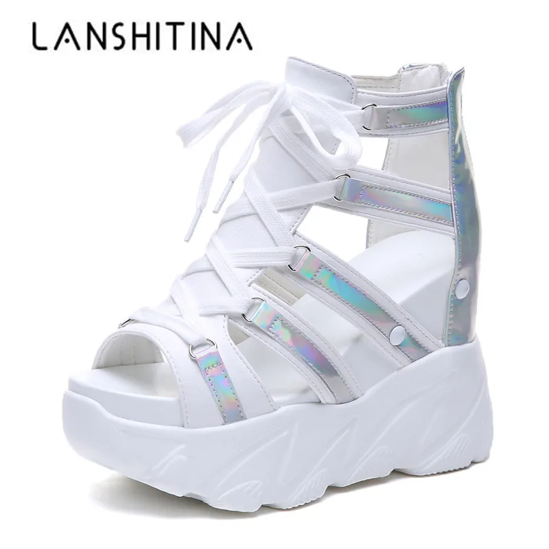 

Women Sandals 2019 Summer Ladies PU Platform Sandals 10CM Wedges Thick Bottom Casual Women Sneakers Comfortable White Sandals