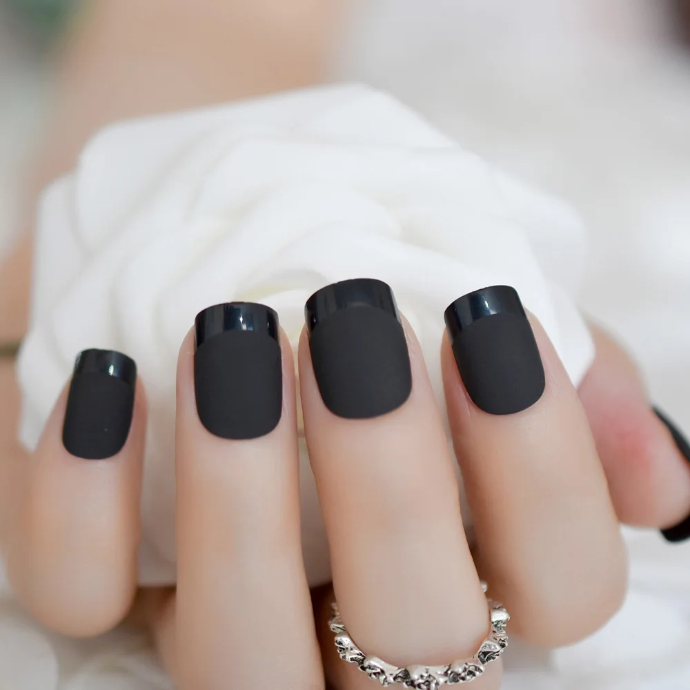Чистый Цвет Средний дизайн ногтей французский стиль советы матовый черный искусственный кончик ногтя блестящая граница простой сковальный накладные ногти 24 шт