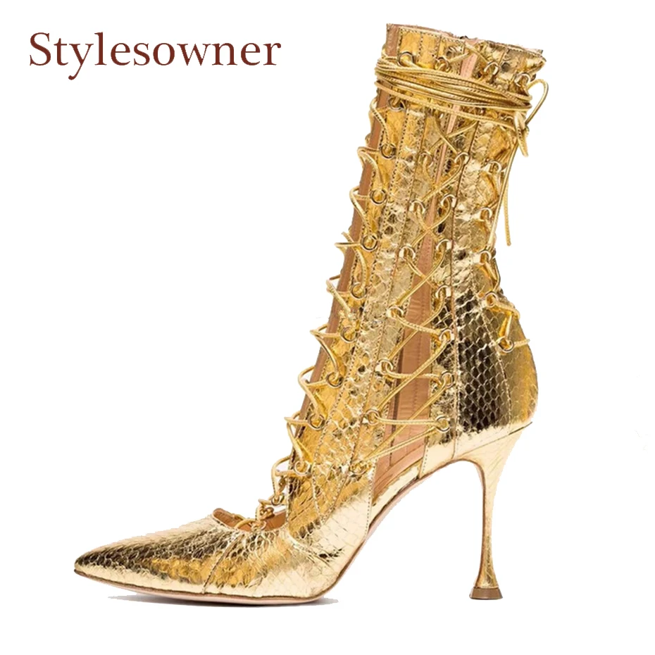 

Stylesowner euramerican 2018 new cross tied hollow gladiator boots sandals sexy pointed toe stiletto heel ladies summer boots
