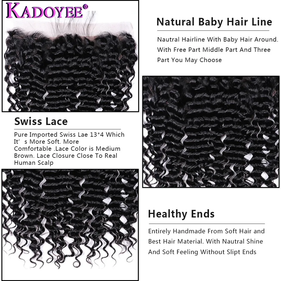 KADOYEE 100% Human Hair Deep Wave Lace Frontal Closure 13X4 Ear TO Ear With Baby Pre Plucked Human Remy Hair Frontal 8-20 Inch