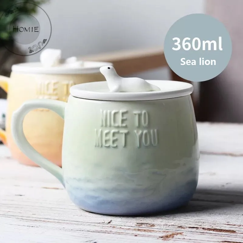 HOMIE lovely Gradient animal Cup Coffee Mug Large 300ml Whale With lid Mugs creative Drinkware Tea milk Cup Novelty Newlywed couple1