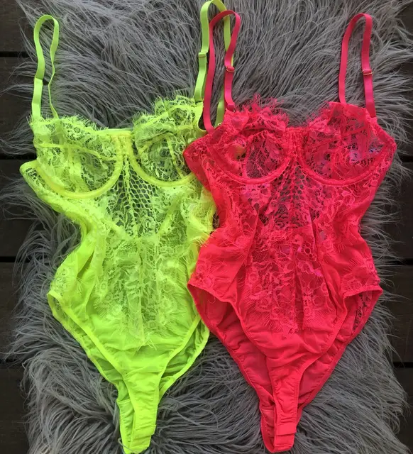 US $9.84 OMSJ New Neon Colors Fashion Eyelashes Lace Bodysuit Slim Fit Summer Sexy Backless Sheer Bodycon Ju