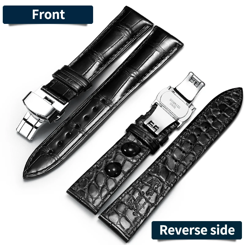 

high quality luxury crocodile stainless steel double button deployment leather strap man watches strap