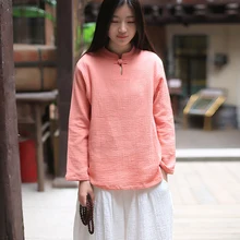 Женские одноцветные футболки в винтажном стиле, новинка, Весенние Простые хлопковые льняные топы с воротником-стойкой и пряжкой, топы с длинным рукавом