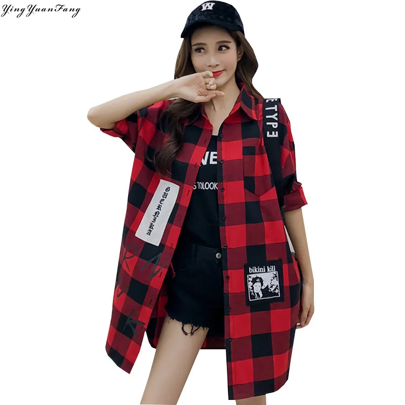 

YingYuanFang New women's autumn street plaid long loose patch letter shirt