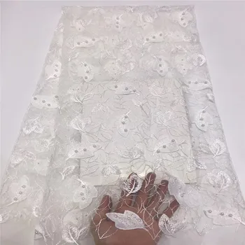 

White flowers beaded lace fabric high quality Latest african lace 2018 3D leaf lace fabric for french wedding dress A1433-1