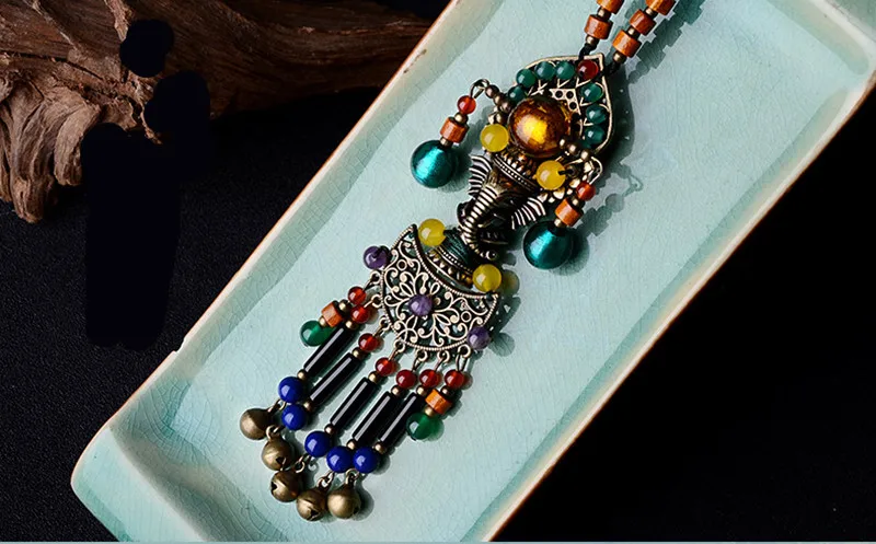 Yanting Bohemia Long Pendant Necklace Women Copper Alloy Elephant Natural Stone Sweater Chain Ethnic Boho Statement Necklace 042 (4)