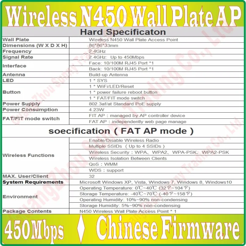 450 Мбит/с в стену AP для отеля проект WiFi, закрытый AP 802.11b/g/n Wi-Fi точка доступа, POE Питание, 100 м RJ45 Порты и разъёмы