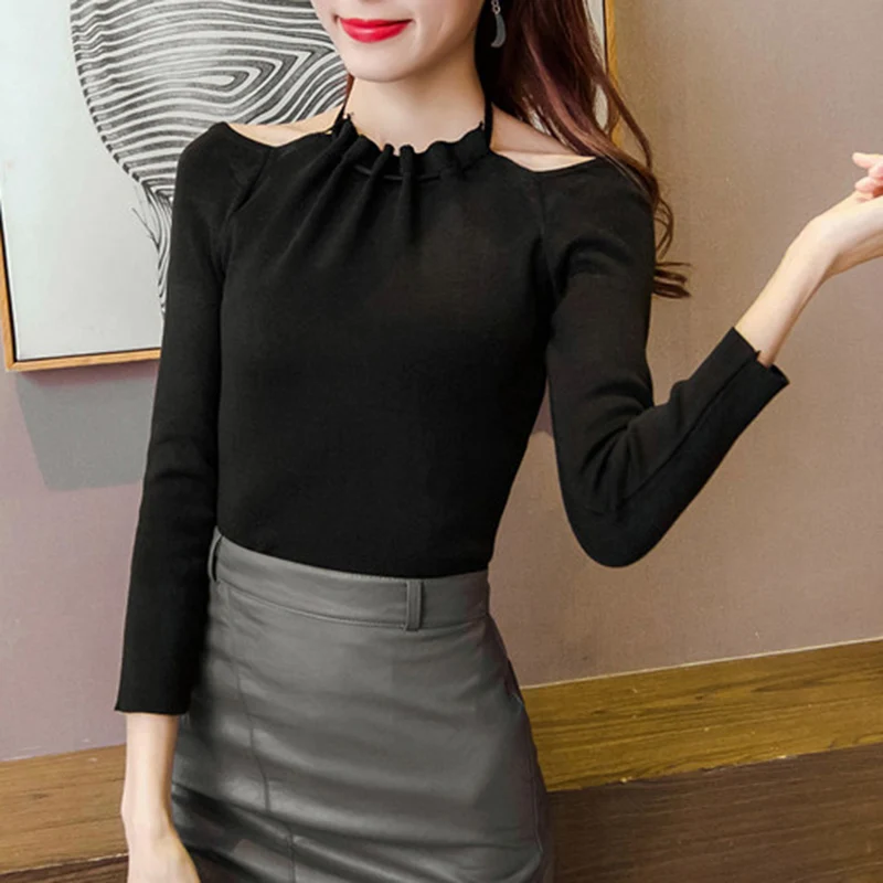 Fashion Women's Sweaters And Pullovers Sexy Hanging Neck Shoulder Off Female Sweater Casual Solid Color Knit Sueter Mujeres 2018