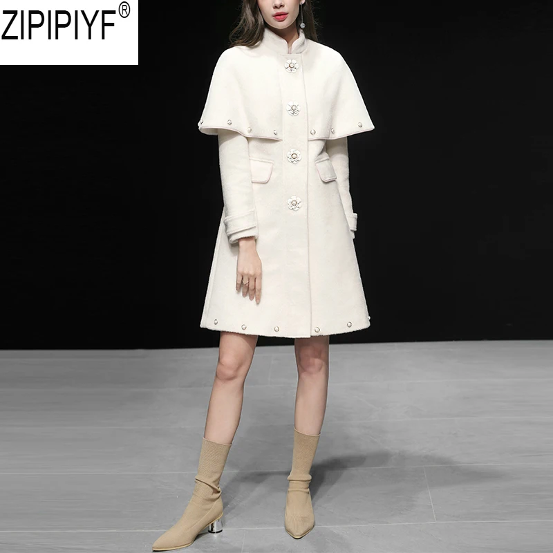 

Coat of Women 2018 Winter Autumn Clock Wool Warm With Stand Collar Hat Single Breasted Female Outerwear Wool Trench Coat C2859