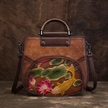 Высококачественная воловья сумка-мессенджер из натуральной кожи, женская сумка-тоут, сумки на плечо с изображением рыбки лотоса в национальном стиле, женская сумка с ручкой сверху